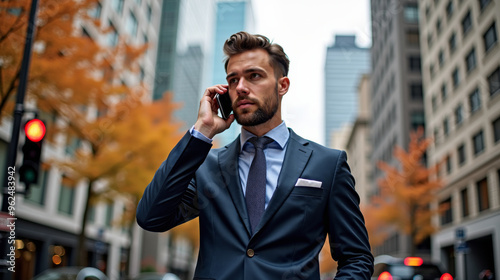 Businessman in navy suit making a call in a minimalist city with blurred skyscrapers. Stylishly dressed man in a navy suit stands on a busy street, holding a phone and engaged in a conversation.
