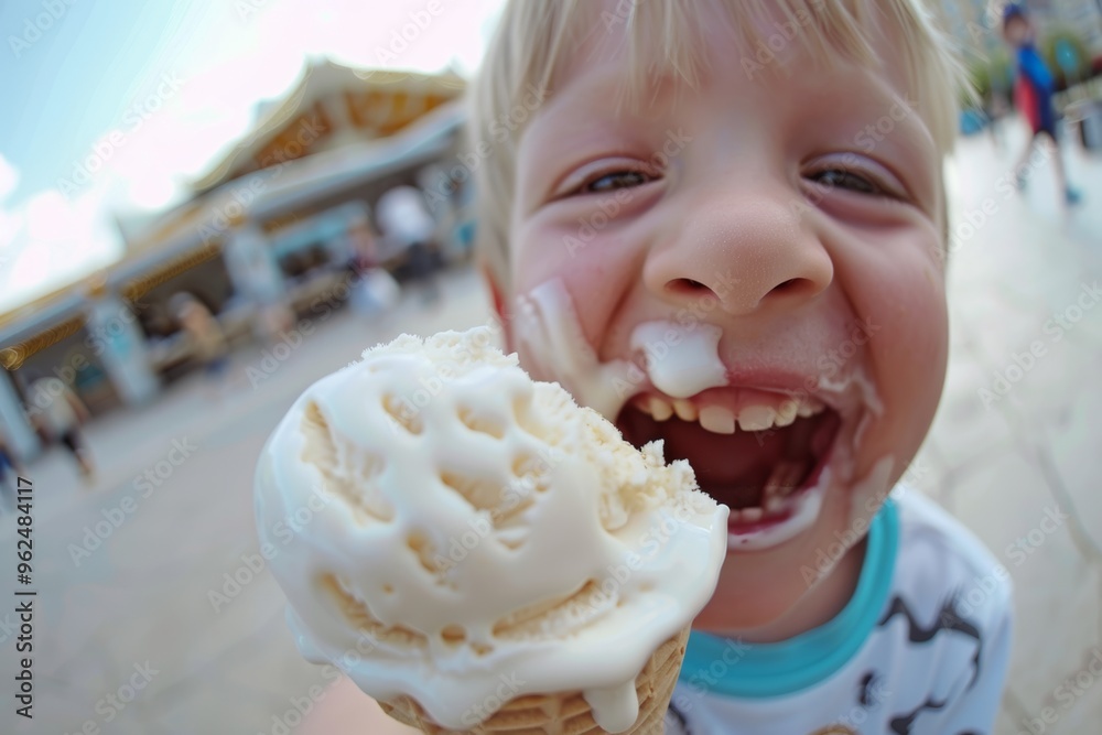 Happy face of youthful child basking sunshine. Ice cream is this child's ultimate treat. Youthful exuberance and carefree play open spaces. Happy face of youthful child basking sunshine. Ice cream is this child's ultimate treat. Youthful exuberance and carefree play open spaces.