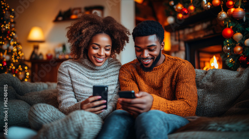 Obraz na płótnie couple using smartphones at christmas sharing on social media and streaming a video call w salonie
