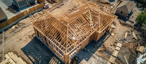 Aerial Top View The Timber Frame Beam Framework House Stick Built Home Under Construction New Build With Wooden Truss photo