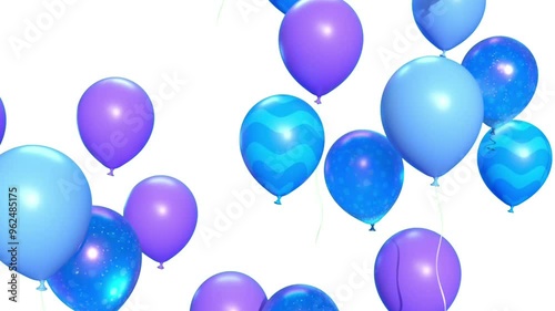 illustration of blue and purple balloons flying upwards isolated on white