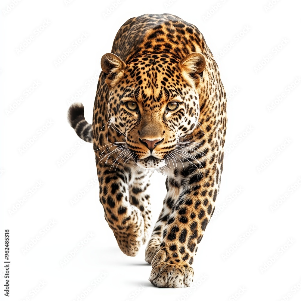 A leopard is walking across a white background A leopard is walking across a white background