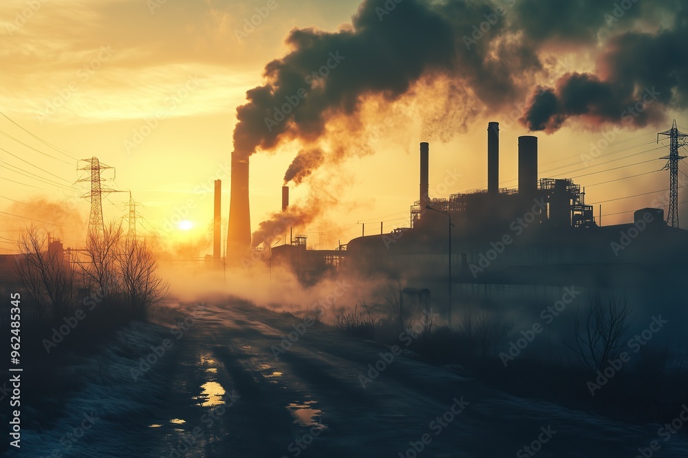 Fototapeta premium Oil refinery spewing toxic fumes into the atmosphere - Pollution, environmental destruction