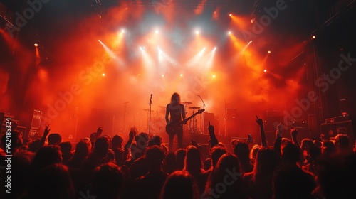 Silhouette of a rock musician performing on stage in front of a cheering crowd with bright red stage lights.