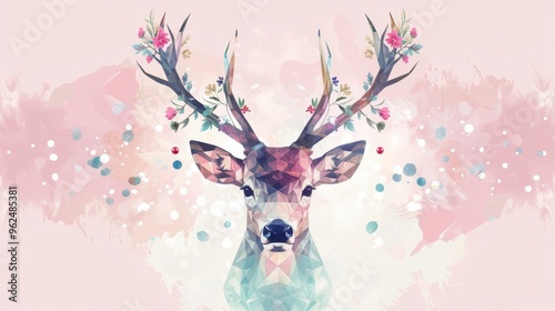 Exquisite polygonal illustration of a deer with large antlers adorned with vibrant flowers, set against a dreamy pastel background. This harmonious blend of geometric shapes and floral elements offers photo