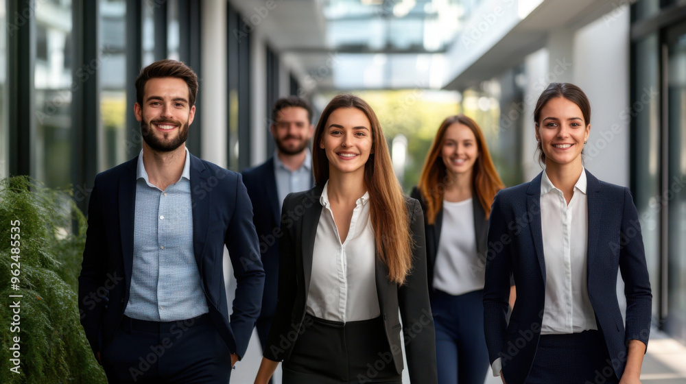 Obraz premium A professional group of businesspeople walking confidently in an office corridor, representing teamwork, leadership, and corporate success.