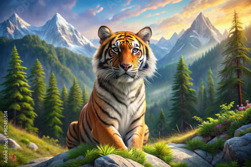 A Majestic Bengal Tiger Perched on a Mountain Ridge photo