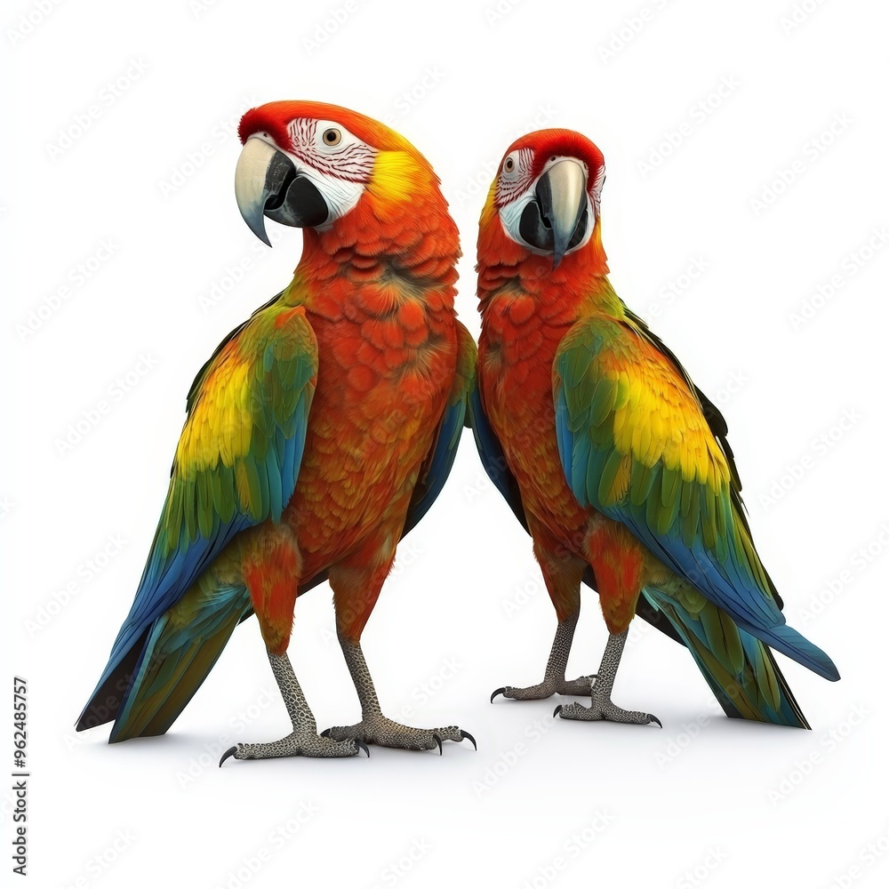 Fototapeta premium Two parrots standing next to each other on a white background