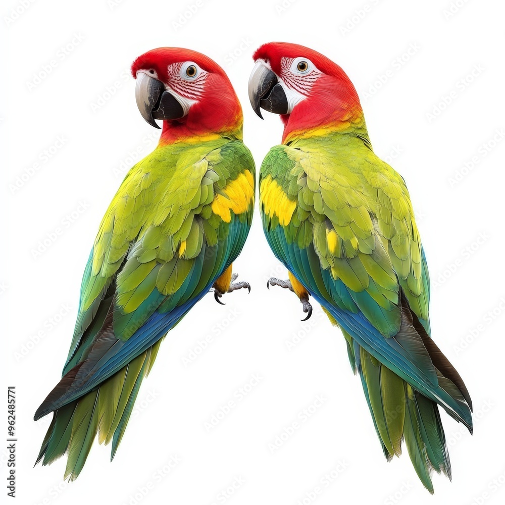 Fototapeta premium Two parrots are perched on a white background