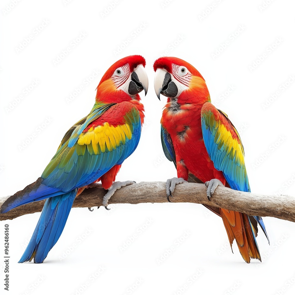 Obraz premium Two colorful parrots are perched on a branch
