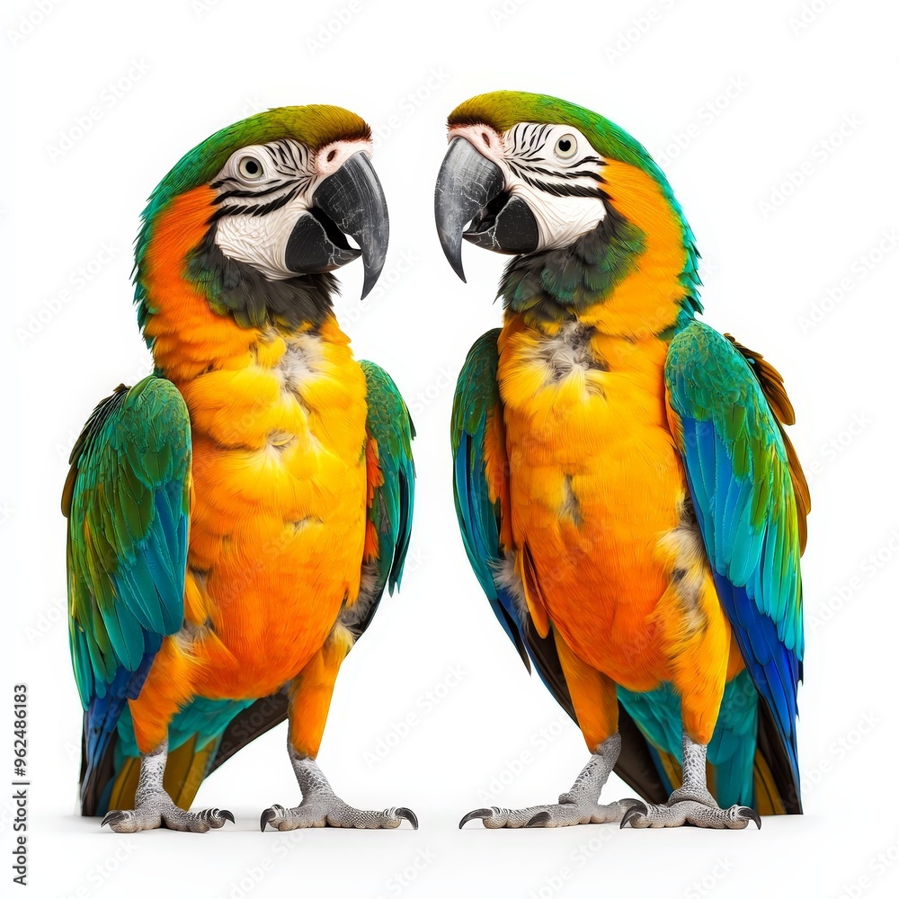 Two parrots standing next to each other with one of them being orange Two parrots standing next to each other with one of them being orange