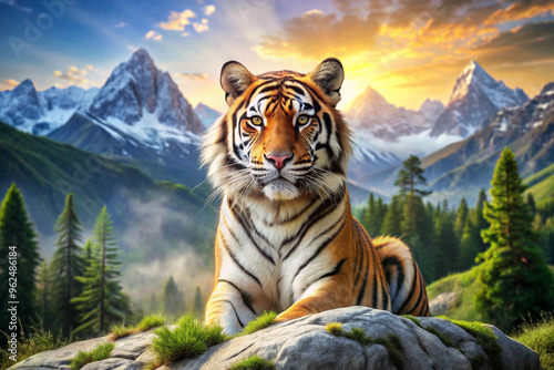 Majestic Tiger Perched on a Rock Against a Mountainous Sunset Backdrop photo