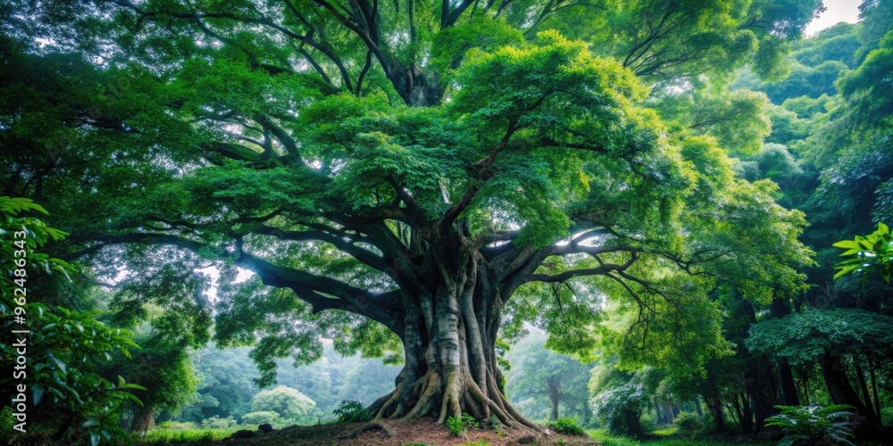 Fototapeta premium Giant green tree in a lush forest environment, nature, foliage, branches, leaves, ecosystem, growth, outdoors, environment, wood
