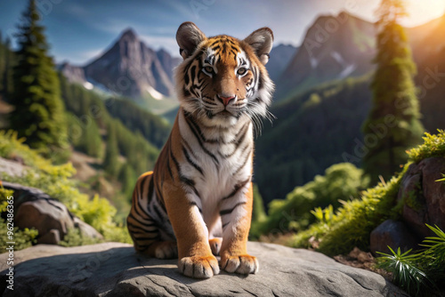 A Young Tiger Cub Perched on a Rock in a Mountainous Landscape