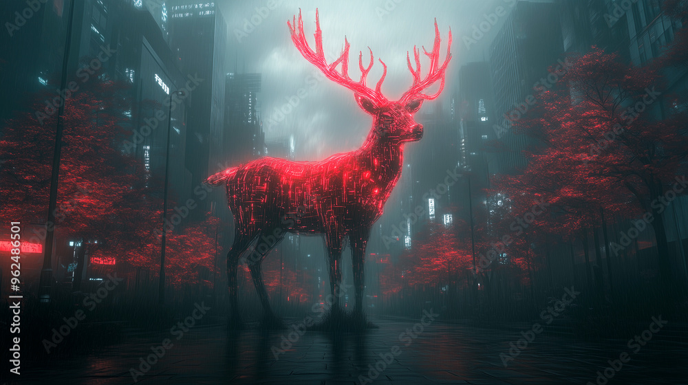 holographic red neon reindeer in a digital metaverse on a techno christmas night