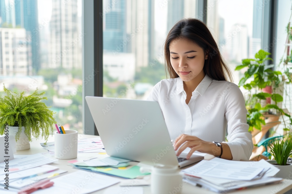 Asian woman working in bright modern office. Productivity and balanced modern workspace concept Asian woman working in bright modern office. Productivity and balanced modern workspace concept