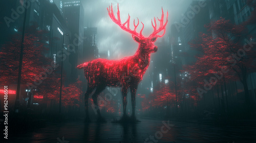 Obraz na płótnie holographic red neon reindeer in a digital metaverse on a techno christmas night w salonie
