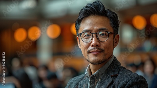 A man with glasses is standing in front of a crowd
