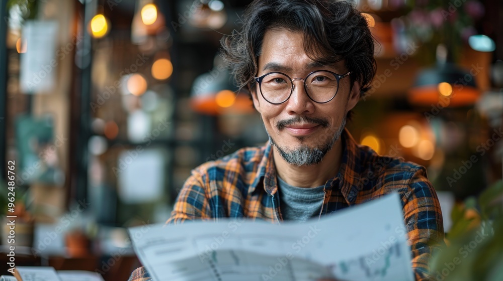A man with glasses is sitting at a table with a piece of paper in front of him A man with glasses is sitting at a table with a piece of paper in front of him