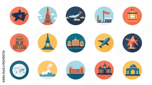 A collection of round icons with various designs, including airplanes, buildings