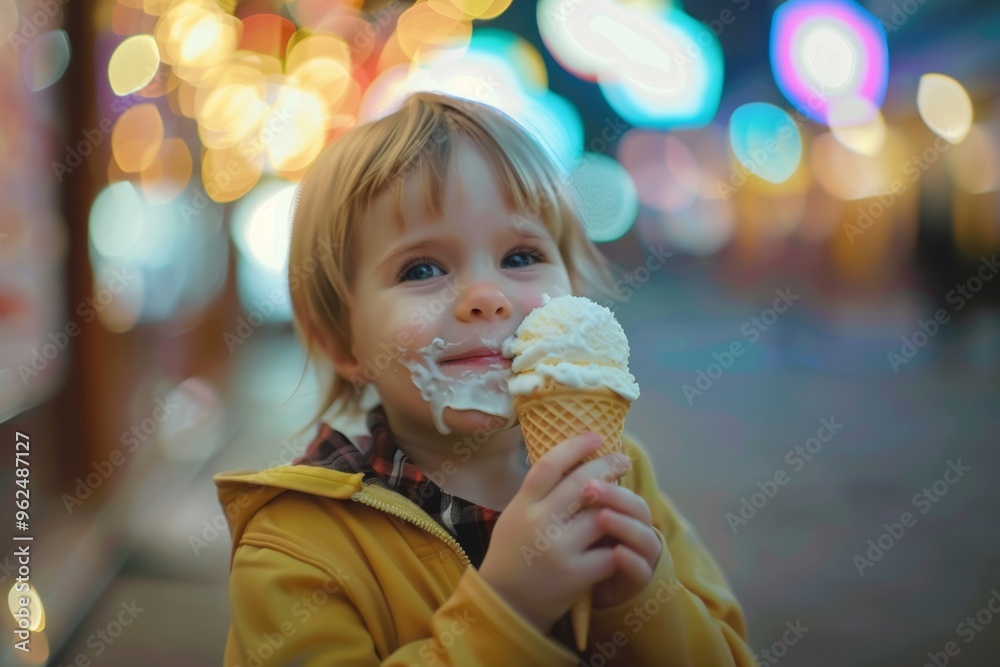 Adorable blonde girl radiating happiness and youthful innocence. Little one smiles while eating ice cream. Gentle warmth of child's love showing their joyful expression. Adorable blonde girl radiating happiness and youthful innocence. Little one smiles while eating ice cream. Gentle warmth of child's love showing their joyful expression.