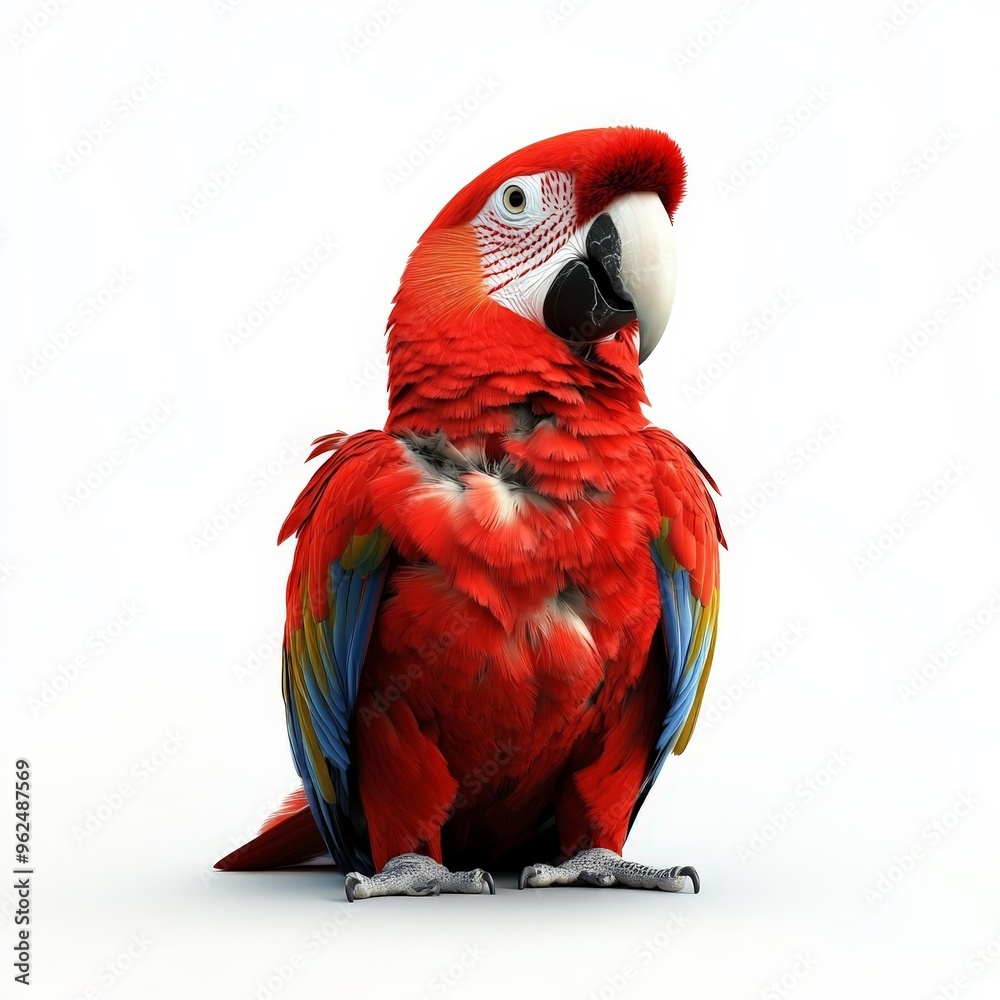 Obraz premium A red and blue parrot is sitting on a white background