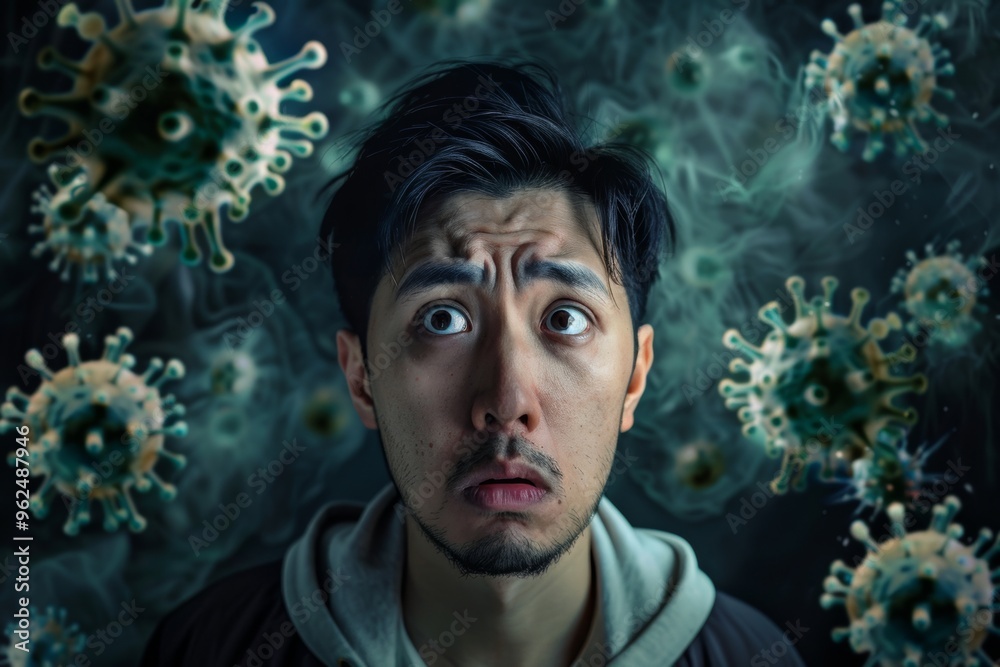 Solitary figure faces invisible threat surrounding him protectively. Asian man is visibly stressed viruses appear him. Allegory of resilience face of invisible threats. Solitary figure faces invisible threat surrounding him protectively. Asian man is visibly stressed viruses appear him. Allegory of resilience face of invisible threats.