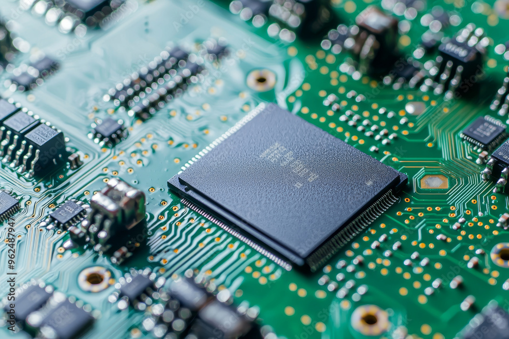 A close-up of a printed circuit board featuring a microchip and various electronic components. A close-up of a printed circuit board featuring a microchip and various electronic components.