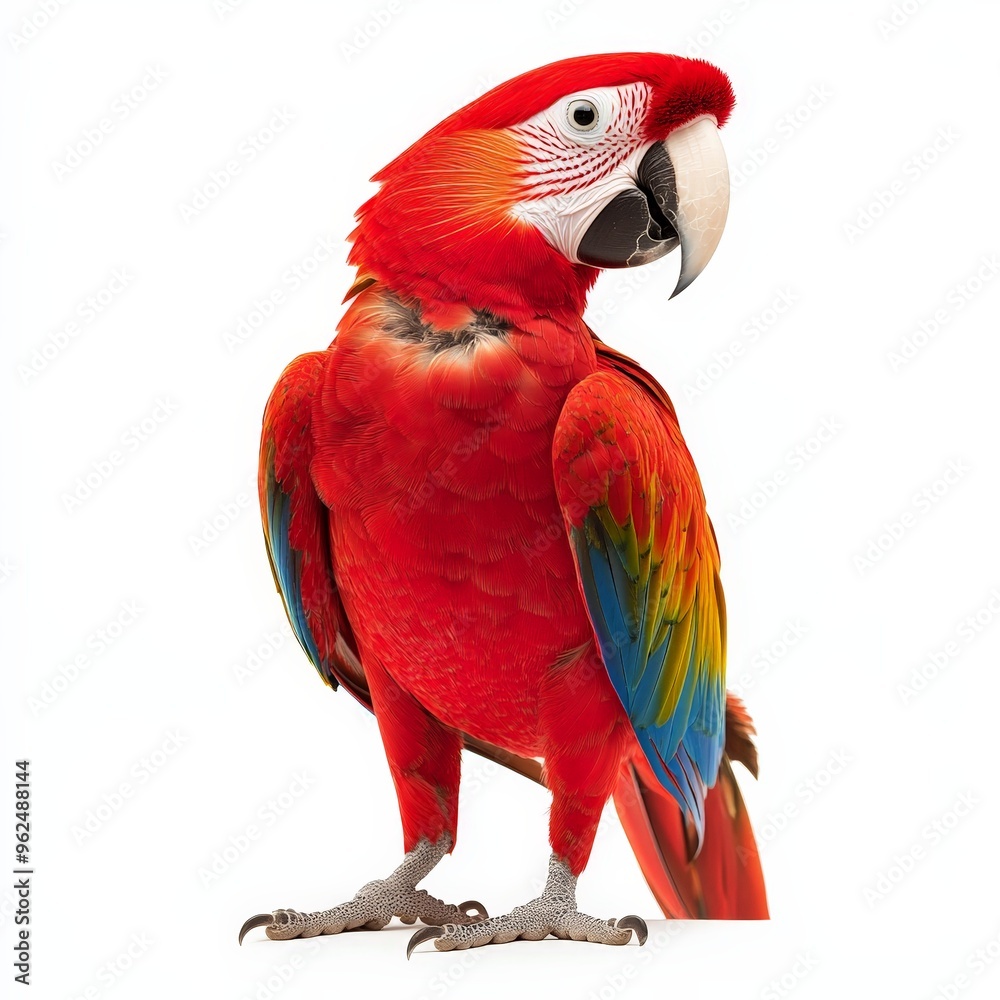 Obraz premium A red and blue parrot stands on a white background