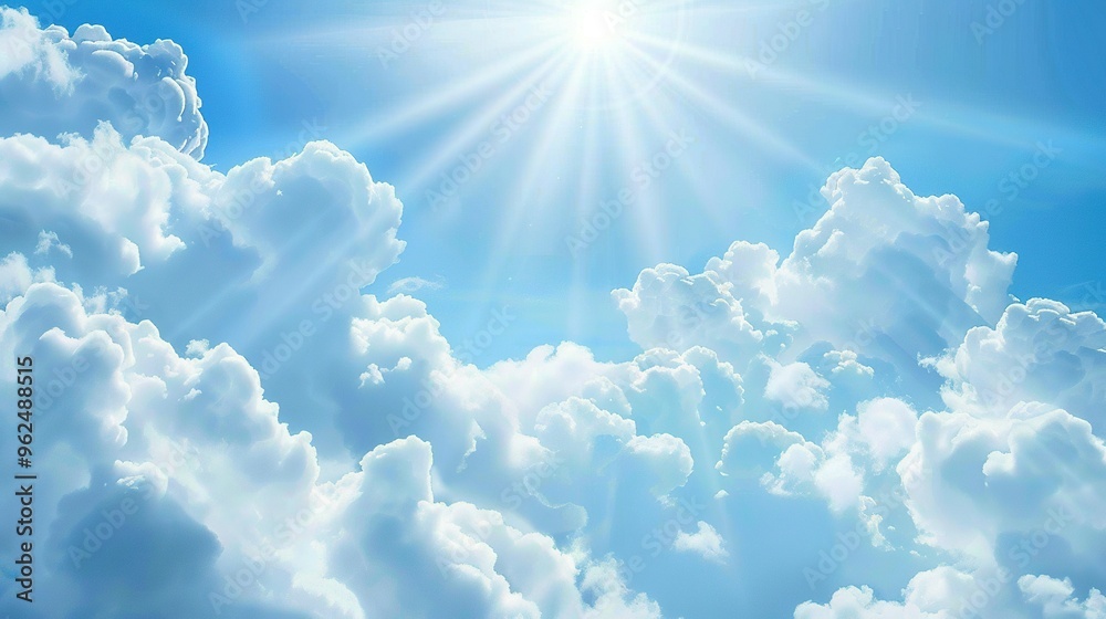 Bright Sun Shining Through Fluffy Clouds on a Clear Blue Sky Bright Sun Shining Through Fluffy Clouds on a Clear Blue Sky