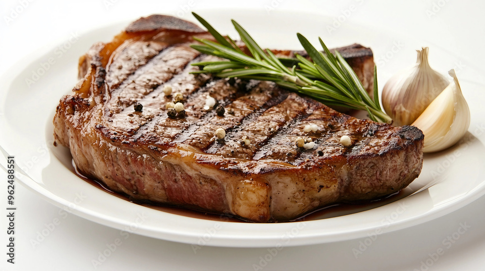 A steak with rosemary and garlic on top of a white plate. The steak is cooked and has a nice sear A steak with rosemary and garlic on top of a white plate. The steak is cooked and has a nice sear