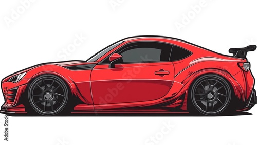 A red sports car with a black wheel
