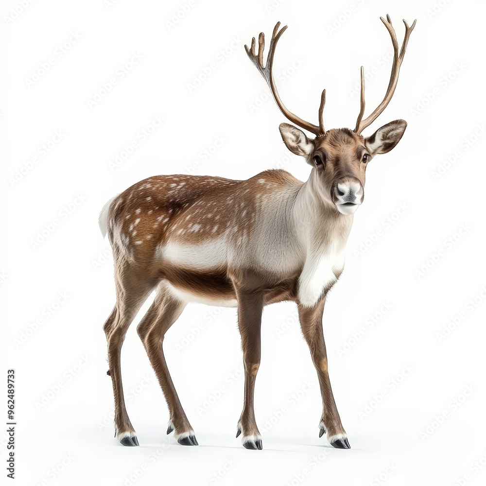 A deer stands in front of a white background A deer stands in front of a white background