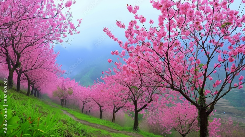 A picturesque pathway lined with vibrant pink cherry blossom trees in full bloom. The lush greenery and soft pink petals create a breathtaking and serene scene, perfect for a peaceful walk in nature. A picturesque pathway lined with vibrant pink cherry blossom trees in full bloom. The lush greenery and soft pink petals create a breathtaking and serene scene, perfect for a peaceful walk in nature.