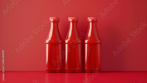 Three ketchup bottles on a red background, emphasizing the vibrant color and clean design. AI generative photo