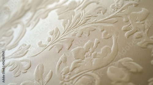 Soft damask fabric wallpaper with delicate floral motifs and a shimmering finish photo