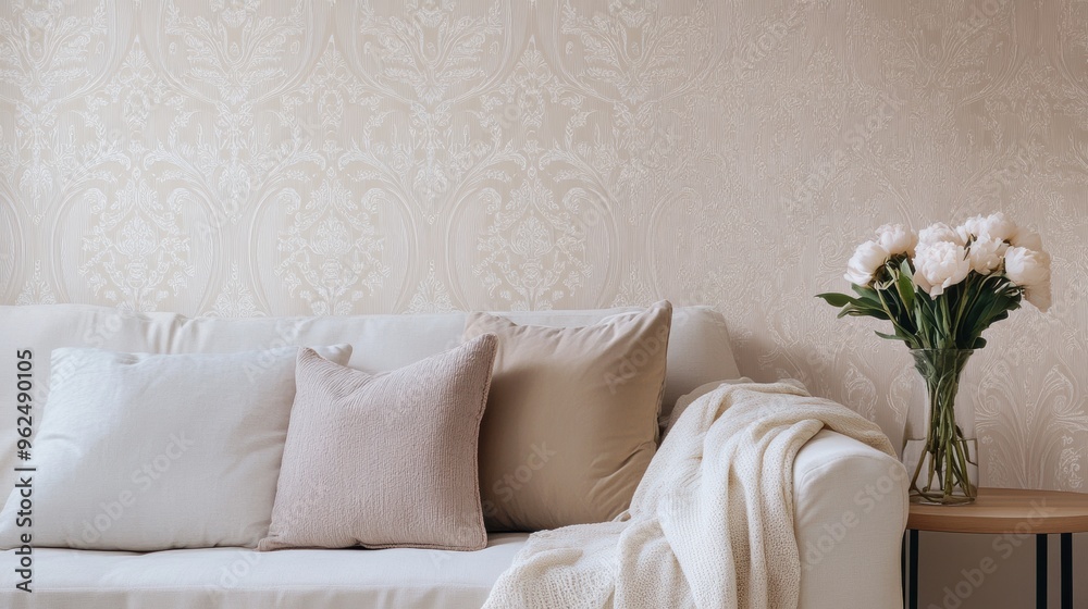 Subtle damask pattern on a soft fabric-like wallpaper with smooth textures and pastel hues Subtle damask pattern on a soft fabric-like wallpaper with smooth textures and pastel hues