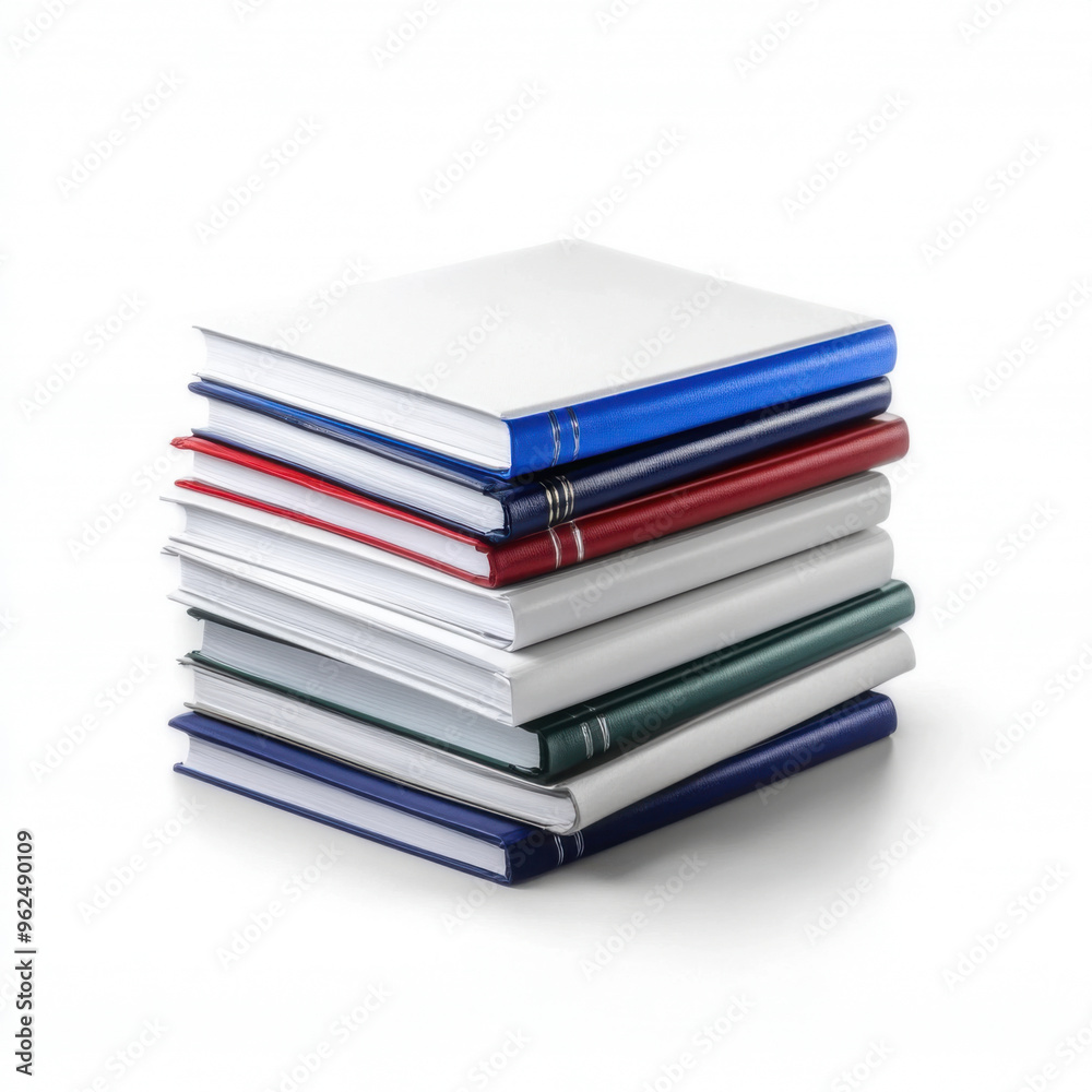 A neat stack of hardcover books in various colors, isolated on a white background, representing education, reading, and learning. A neat stack of hardcover books in various colors, isolated on a white background, representing education, reading, and learning.