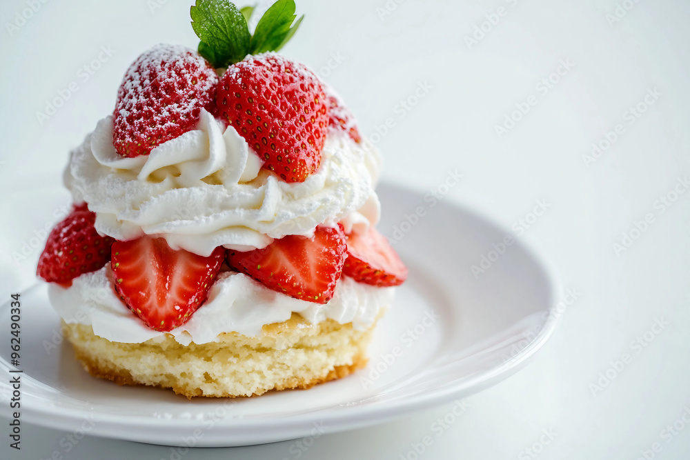A strawberry cake with whipped cream and strawberries on top. The cake is on a white plate. The cake looks delicious and inviting A strawberry cake with whipped cream and strawberries on top. The cake is on a white plate. The cake looks delicious and inviting