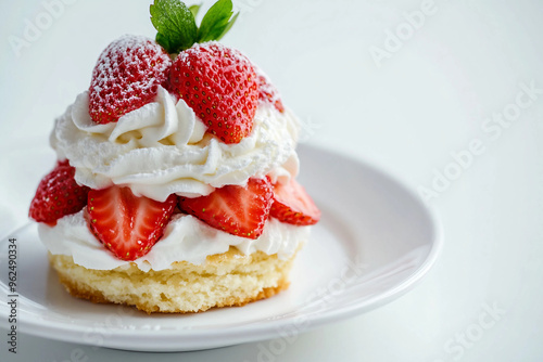 A strawberry cake with whipped cream and strawberries on top. The cake is on a white plate. The cake looks delicious and inviting