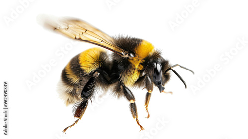 A bee is flying in the air with its wings spread out