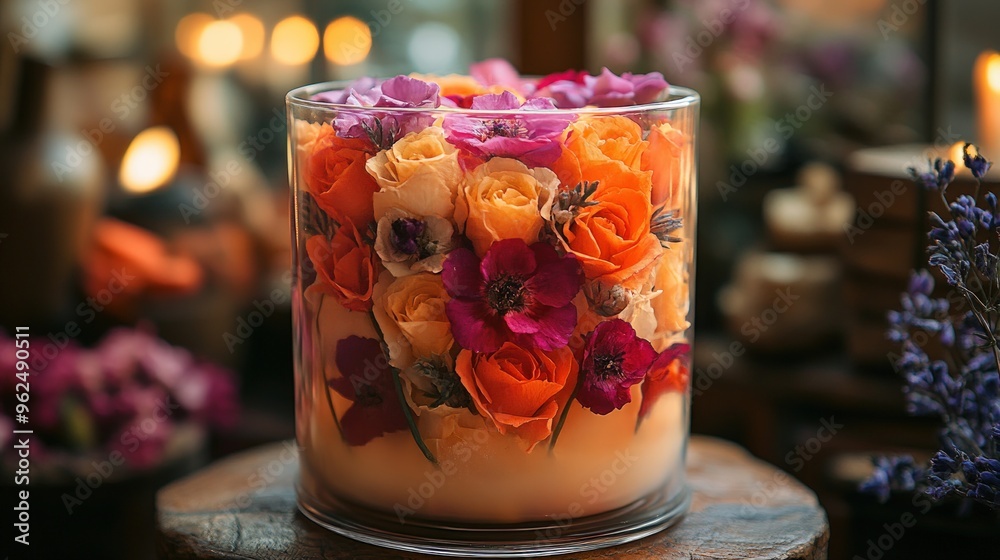 A glass candle holder filled with pink, orange, and purple flowers.