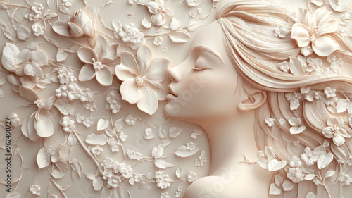 Floral and feminine 3D relief with a woman, serving as a decorative background. AI generative.