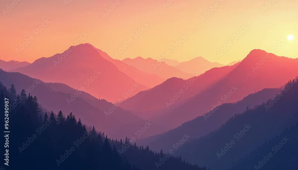 A mountain range at sunset, with vibrant orange and purple hues and gentle shadows creating a tranquil, breathtaking scene.
A mountain range at sunset, with vibrant orange and purple hues and gentle shadows creating a tranquil, breathtaking scene.
