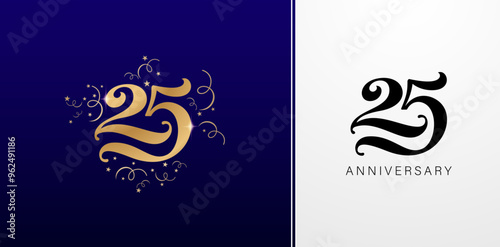 25th anniversary logo design template with gold and black elements isolated backgrounds for greeting cards, invitation, Wedding anniversary , banner and celebration company or business corporate signs