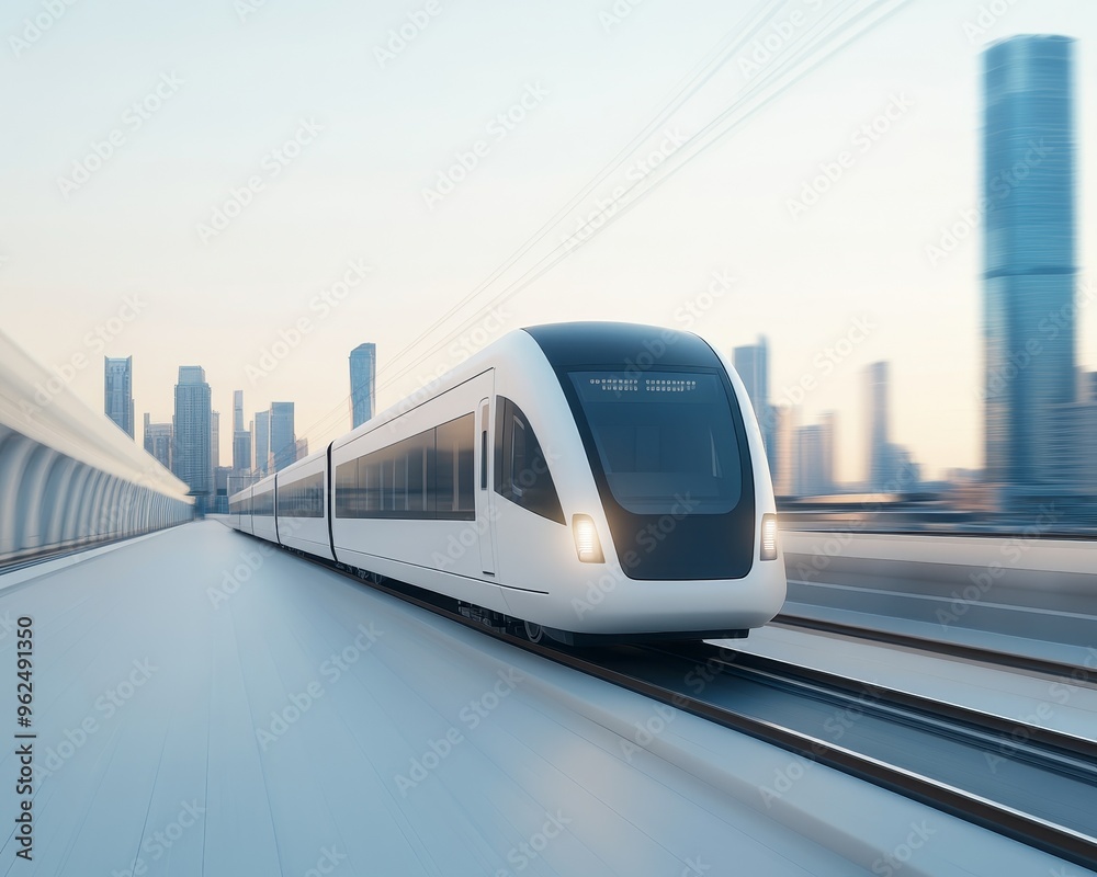 Naklejka premium A sleek, modern train speeds through a futuristic cityscape, showcasing innovation in transportation and urban development.