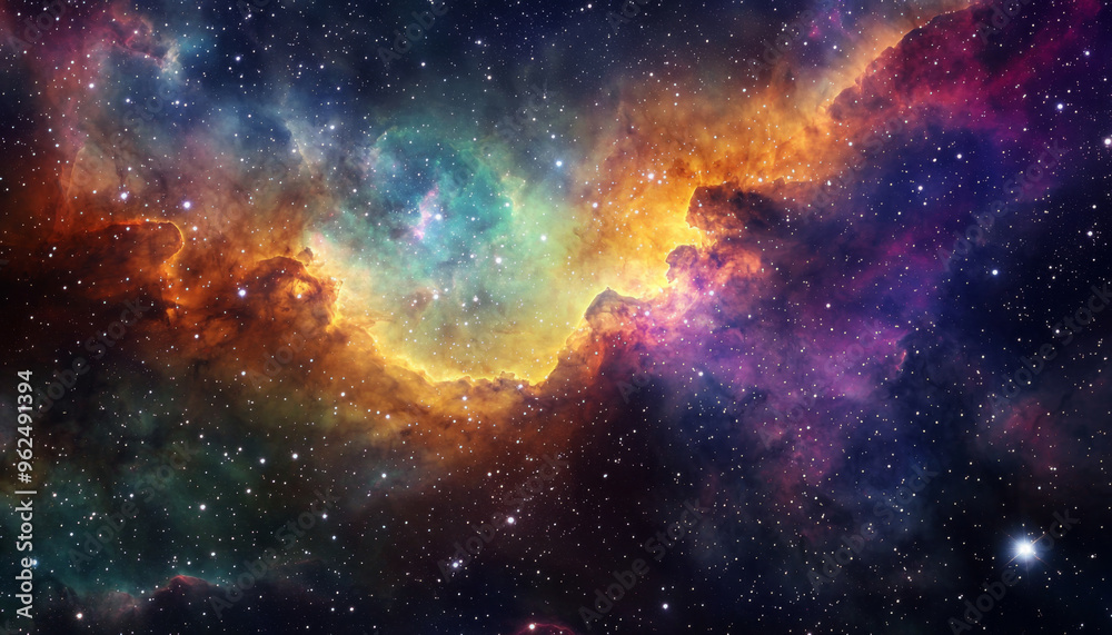 Fototapeta premium A vibrant cosmic scene showcasing colorful nebulae and stars in deep space, illustrating the beauty of the universe.