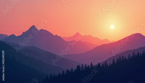 A mountain range at sunset, with vibrant orange and purple hues and gentle shadows creating a tranquil, breathtaking scene.