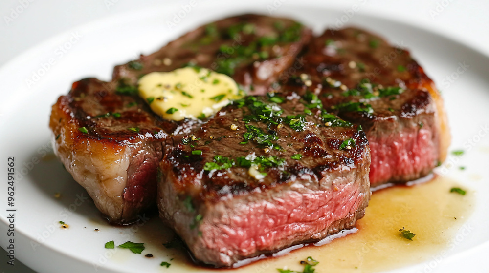 A plate of steak with butter and parsley on top. The steak is cooked to perfection and looks delicious