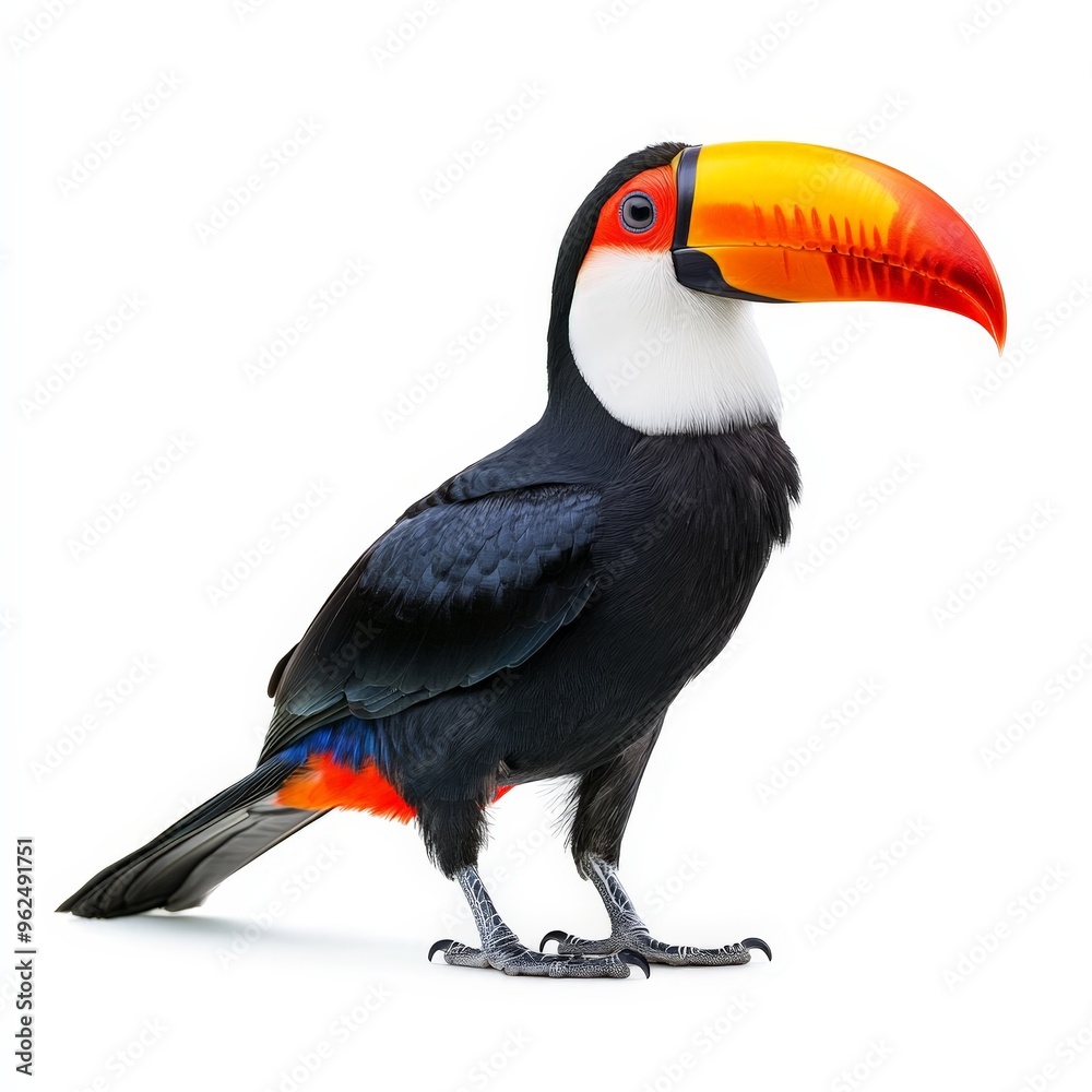 A black and white bird with a red beak stands on a white background A black and white bird with a red beak stands on a white background